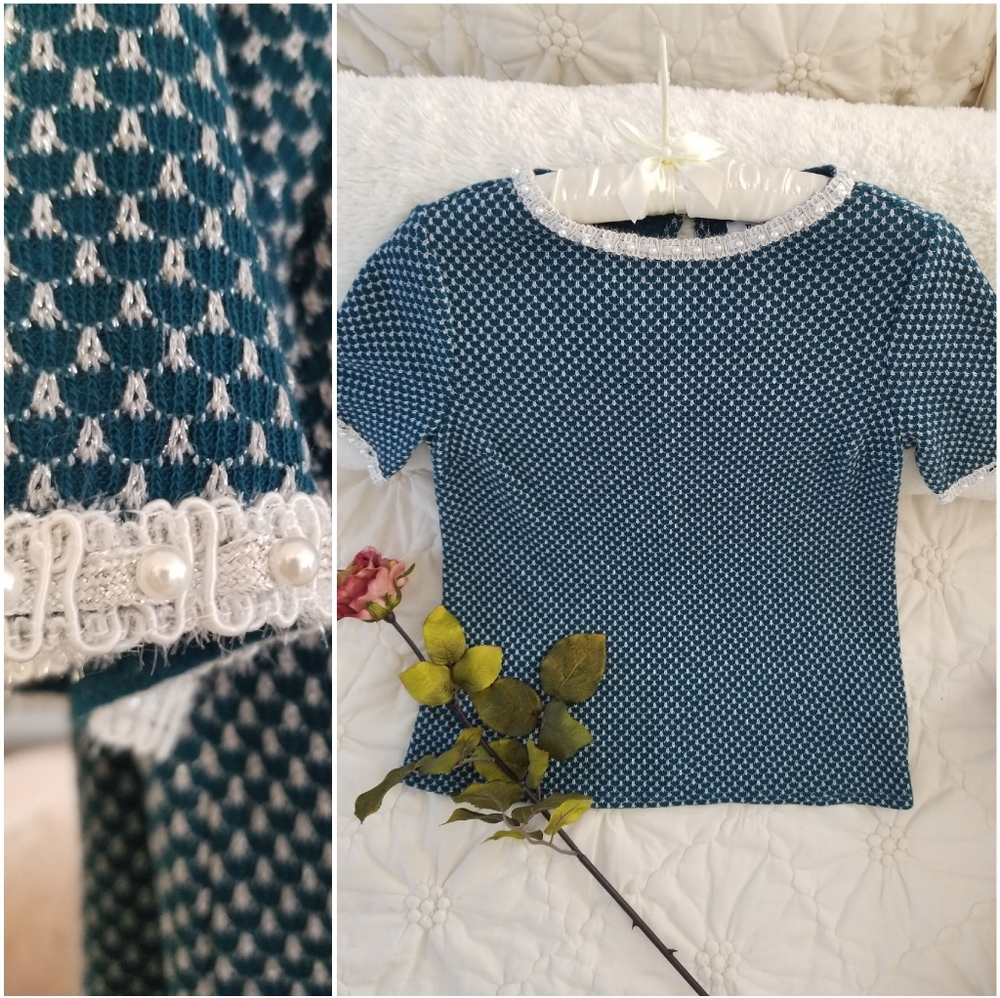 Elle short sleeve teal sweater with pearls